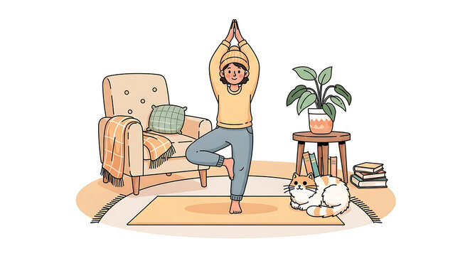 Woman in tree pose with cat armchair plant and books in a cozy living room illustration style scene