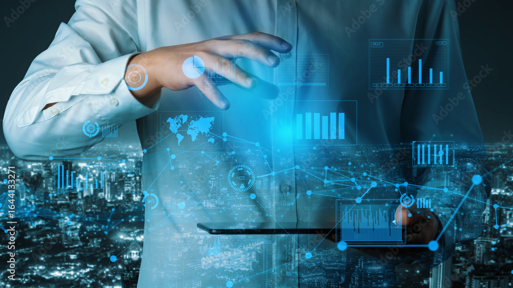 Poster a professional businessman interacts with advanced digital tools and data analysis to visualize key 