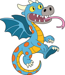 Cartoon blue dragon with orange spots, yellow belly, wings, and playful pose, smiling fantasy creature, vector illustration