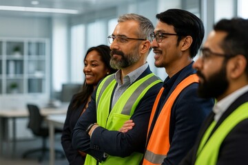 Professional Team Engaged in Discussion at Modern Workplace Featuring Safety Vests and Positive Collaboration Environment