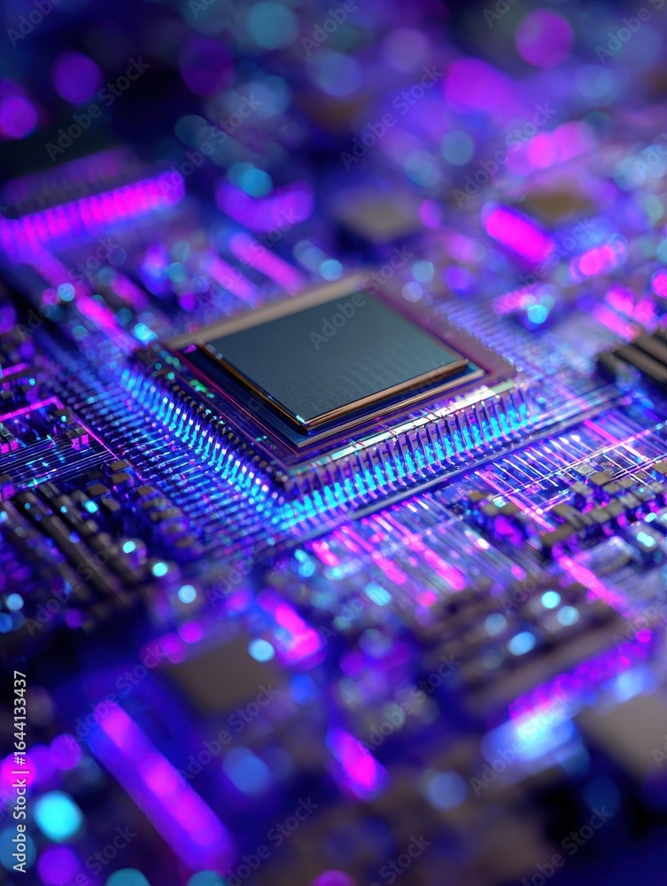 Poster ai generated image of closeup of microchip of computer with blue and purple neon lights