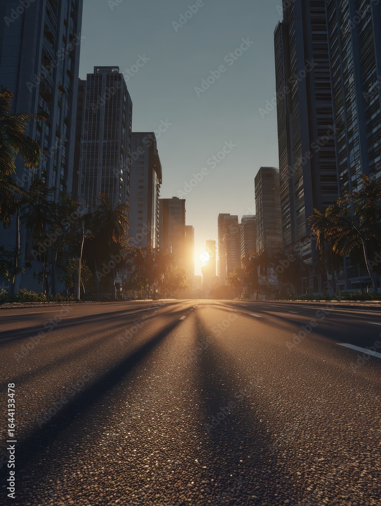 Aufkleber sunrise on an urban road with skyscrapers highlighting the play of light and shadow on the asphalt c