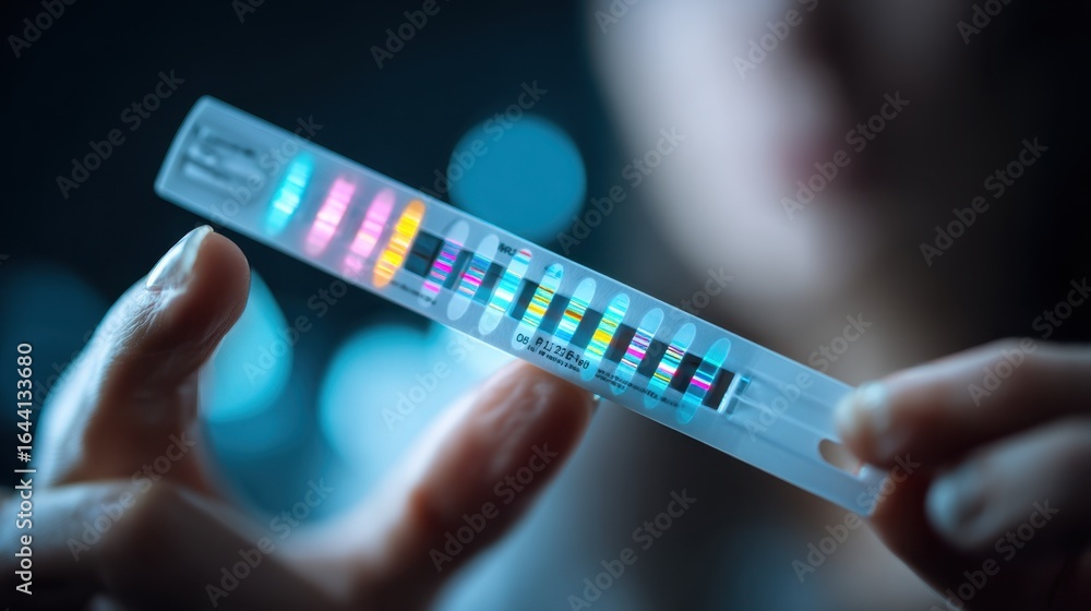 Poster detailed view of a rapid crispr diagnostic test cassette in hand with test lines highlighted and bac