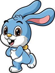 Cartoon blue rabbit, cheerful running pose, yellow bow tie, white muzzle, pink ears, big eyes, playful character, vector illustration, cute mascot