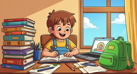 A cartoon boy studying at a desk with books laptop and a backpack near a window with blue sky