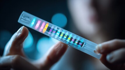 Detailed view of a rapid CRISPR diagnostic test cassette in hand with test lines highlighted and background softly blurred to emphasize athome genetic detection.