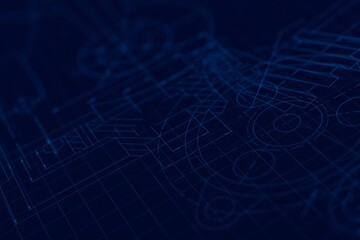 Abstract Blueprint Background Design Featuring Intricate Lines and Geometric Patterns in a Deep Blue Color Palette
