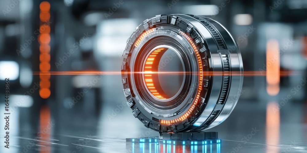 Poster engineer mechanical simulation concept. futuristic mechanical component with reflective surfaces and