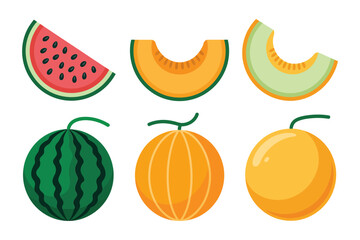 Sunrise melon poster, stylized watermelon and melon vector, summer harvest greeting card, bold typography print, food packaging design