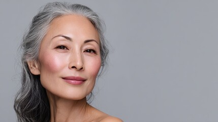 senior older middle aged asian woman with grey hair and radiant face with perfect skin advertising of rejuvenating skincare and makeup for natural radiant glow and healthy skin copy space no logos no