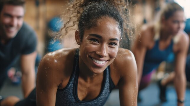 smiling young african american woman in sportswear doing pushups during an exercise class with a group of friends at the gym no logos no brands ar 169 - Powered by Adobe