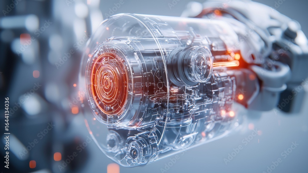 Poster engineer mechanical simulation concept. futuristic robotic hand holding a transparent, intricate mec