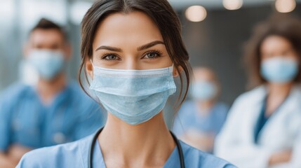 close up face of confident female nurse in front of his medical staff looking at camera while wearing protective face mask due to covid19 virus smiling surgeon standing  with team in background no lo