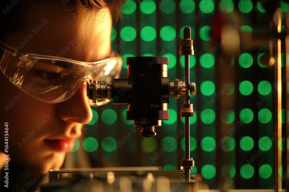 Aufkleber engineer mechanical simulation concept. a scientist in goggles examines a device against a backdrop 