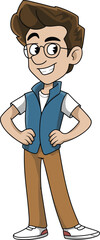 Cartoon boy character, brown hair, blue vest, white t-shirt, brown pants, red-accent sneakers, hands on hips, confident pose, vector art, casual style