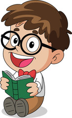 Cartoon boy character, brown hair, black glasses, red bow tie, white shirt, brown pants, green book, reading pose, sitting cross-legged, vector illustration