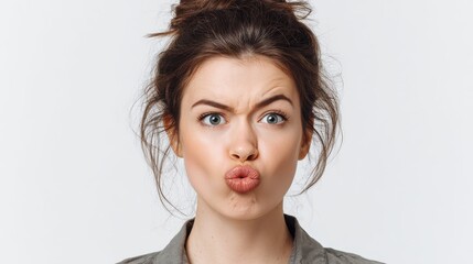 capricious woman with pouting lips in studio portrait of confused girl face annoyed woman face expression female model grimace on white background no logos no brands ar 169