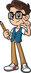 Cartoon boy character, glasses, brown hair, peace sign, pencil in hand, blue vest, white shirt, beige pants, smiling pose, vector art