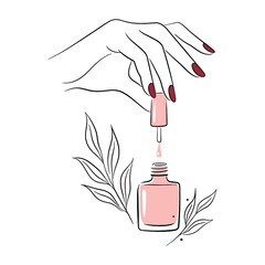 ImprimMinimal line art female hand applying pink nail polish with botanical elementsir