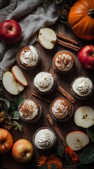 Top view of assorted cupcakes with cream frosting surrounded by apples, pumpkin, cinnamon sticks, and spices, arranged on a dark rustic background in warm autumn light.