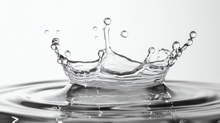 A detailed close-up shows a water droplet splashing onto a light gray surface.