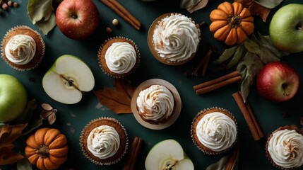 Top view of assorted cupcakes with cream frosting surrounded by apples, pumpkin, cinnamon sticks, and spices, arranged on a dark rustic background in warm autumn light.