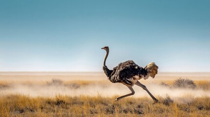 Ostrich running across the African plains dust flying behind and open blue skies above