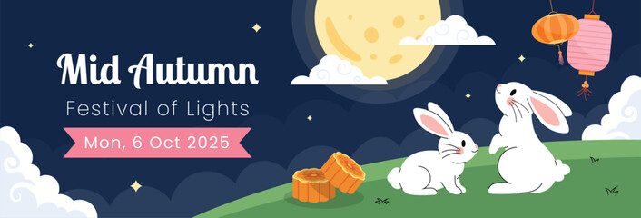 Mid autumn festival celebration banner or background decoration template. Cute rabbits with delicious mooncakes and a full moon. Moon Festival.