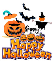 A scary vector illustration set for a Halloween celebration with pumpkins, bats, and a spooky night moon