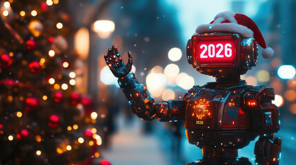 A futuristic robot with a digital display showing '2026' stands in a snowy urban setting. Christmas lights and a decorated tree are visible in the background.