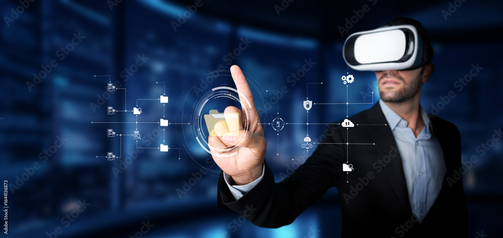 Poster a professional man uses a virtual reality headset to interact with digital files and data in a futur