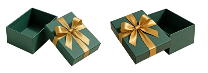 Elegant green open gift boxes with golden satin bows isolated on transparent background, luxury packaging design for festive, holiday, or special occasion presentations