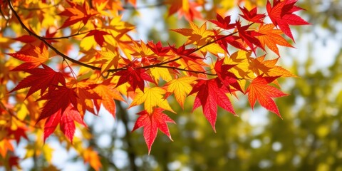 Vibrant red and yellow maple leaves in autumn sunlight