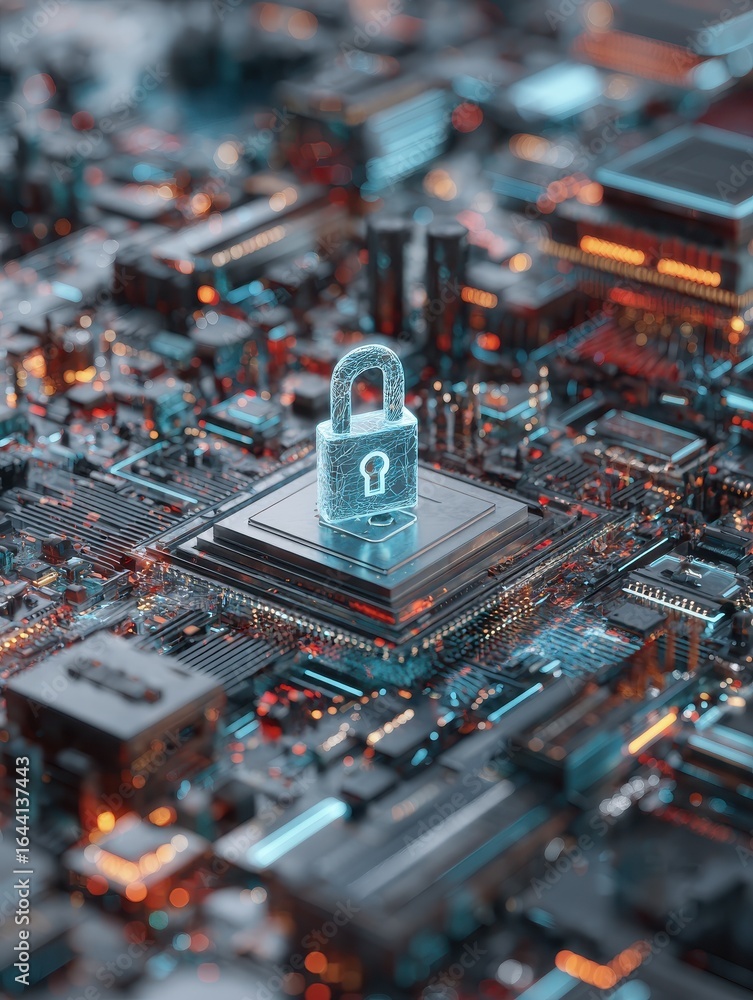 Poster cybersecurity service concept of motherboard and safety authentication network or ai regulation laws