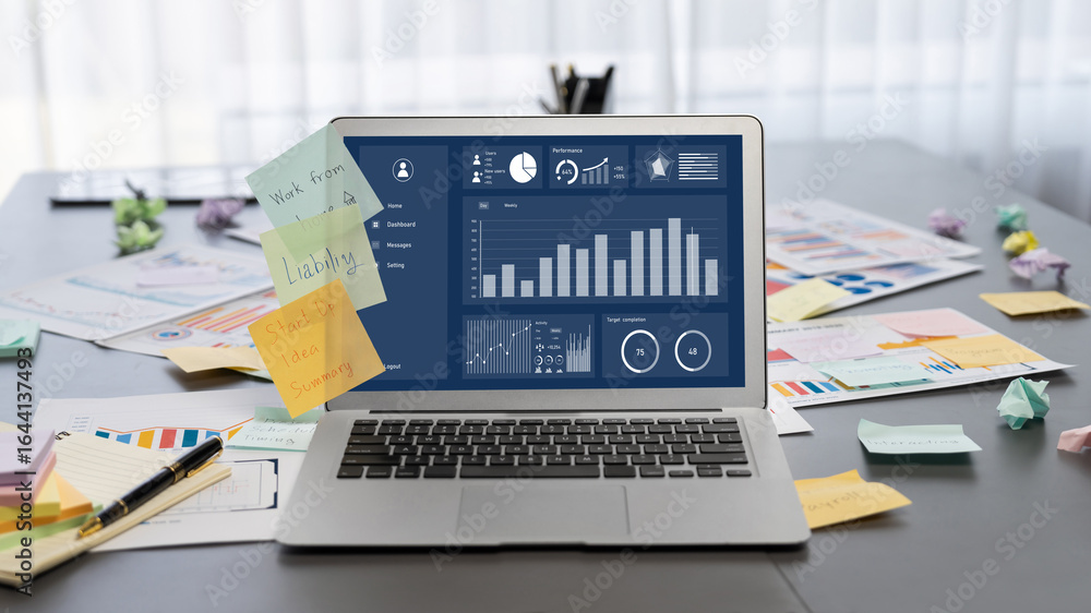 Poster sticky note for creative and analytic brainstorm for business idea with bi data dashboard on laptop 