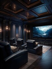 Fototapeta premium a home cinema room with plush recliners a large screen and dimmed ambient lighting for the perfect movie experience