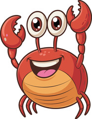 Cartoon crab character, happy red crab, cute sea animal, ocean creature, vector illustration, smiling claws, playful marine design, kids art