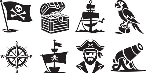 Pirate Icons Set Black Silhouette on Transparent Background Skull Treasure Ship Cannon