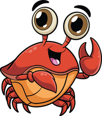 Cartoon crab character, red shell, smiling face, raised claws, expressive eyes, playful design, vector art, mascot, marine animal, cheerful illustration