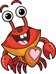Cartoon crab character, red-orange body, big eyes, smiling face, heart on chest, cheerful animal, vector illustration, playful style