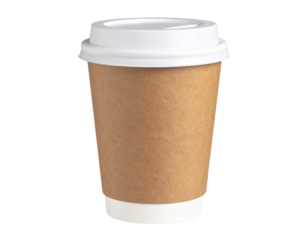 Vaso desechable marrón con tapa blanca visto de frente, aislado sobre fondo transparente