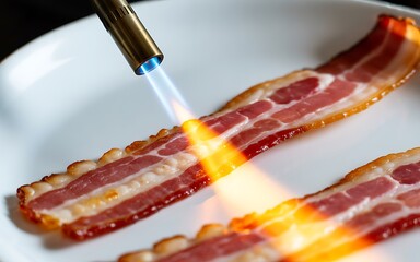 Bacon sizzling with a culinary torch perfect crispy strips breakfast food preparation delicious breakfast treat tempting food photography gourmet cuisine