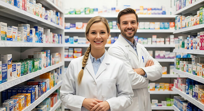 Photo of two pharmacists standing in a drugstore smiling at camera