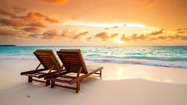 Tropical Beach Vacation Two Lounge Chairs on Sandy Shore at Stunning Sunset Relaxing Getaway