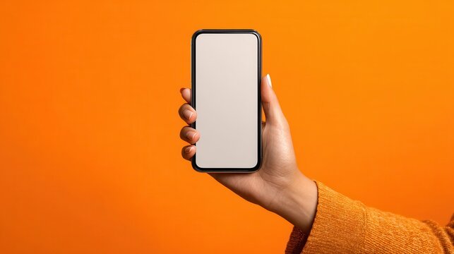 close up of woman hand using smartphone isolated on orange wall female hands showing empty white screen of modern smart phone businesswoman holding cellphone and unlocks it with her fingerprint no lo