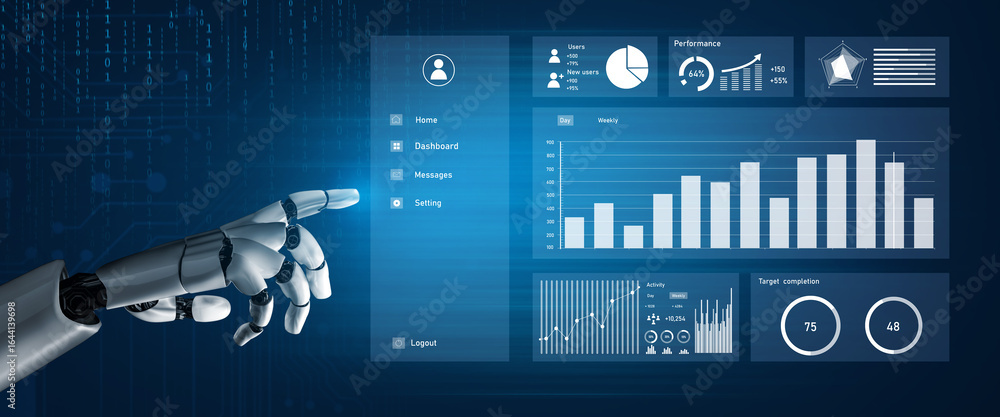 Poster futuristic robotic hand interacting with digital dashboard interface and performance analytics displ