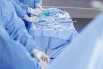 Sterile surgical instrument tray during knee arthroscopy in operating theatre