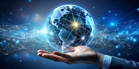 Photo of a hand holding a glowing globe with interconnected networks, symbolizing global technology, digital communication, and the future of worldwide business and social media connections
