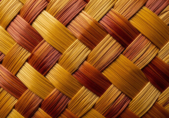 Obraz premium Closeup macro view of a woven texture pattern made of natural fibers in warm brown, gold, and red tones, showcasing intricate craftsmanship and detail