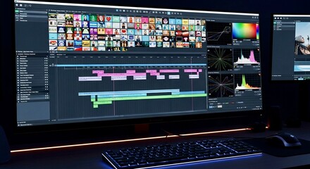 High-resolution shot of a video editing program showing timeline and color grading scopes, vivid colors on clips, modern editing suite environment